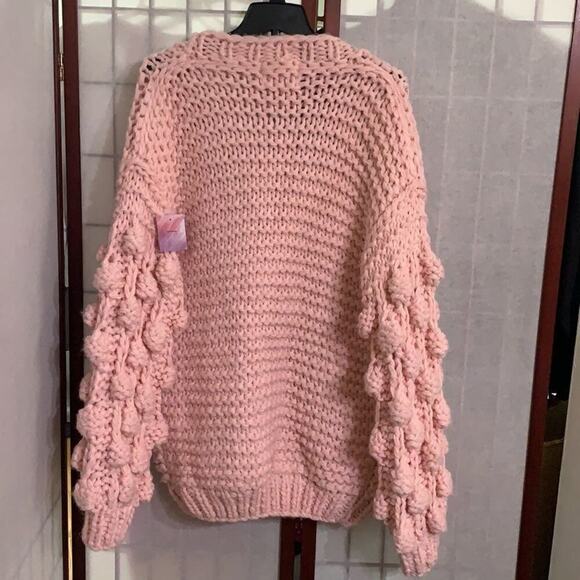 NWT CHIC WISH PINK OPEN CARDIGAN POM POM SWEATER SIZE L - Picture 2 of 8